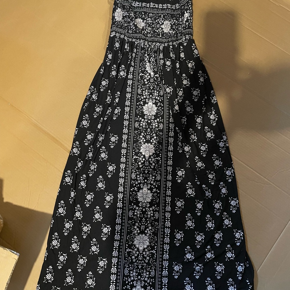 Black and White Smocked A-line Maxi Strapless Dress
